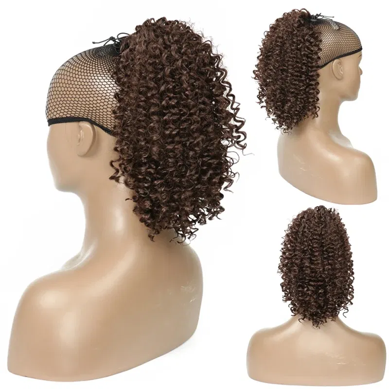 Color: T1B/613 - Synthetic Drawstring Curly Ponytail Extension for African Women Short Afro Kinky Ponytail Extension
