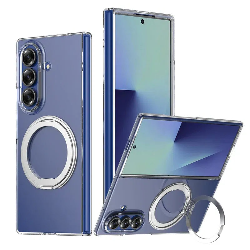 Color: Blue, Compatibility by Model: Galaxy Z Fold7 - 360?° Rotating Magnetic Holder Phone Case For Samsung Galaxy Z Fold 7 Magsafe Wireless Charging Transparent Hard Shockproof Cover