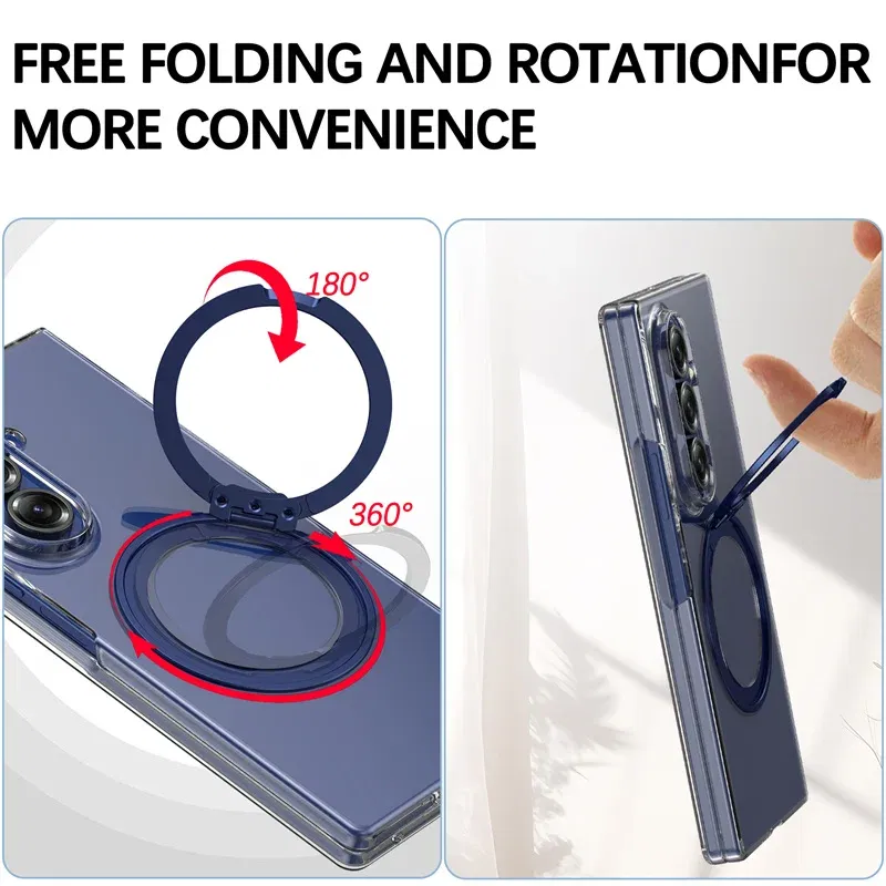 Color: Blue, Compatibility by Model: Galaxy Z Fold7 - 360?° Rotating Magnetic Holder Phone Case For Samsung Galaxy Z Fold 7 Magsafe Wireless Charging Transparent Hard Shockproof Cover