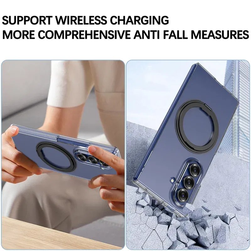 Color: Blue, Compatibility by Model: Galaxy Z Fold7 - 360?° Rotating Magnetic Holder Phone Case For Samsung Galaxy Z Fold 7 Magsafe Wireless Charging Transparent Hard Shockproof Cover