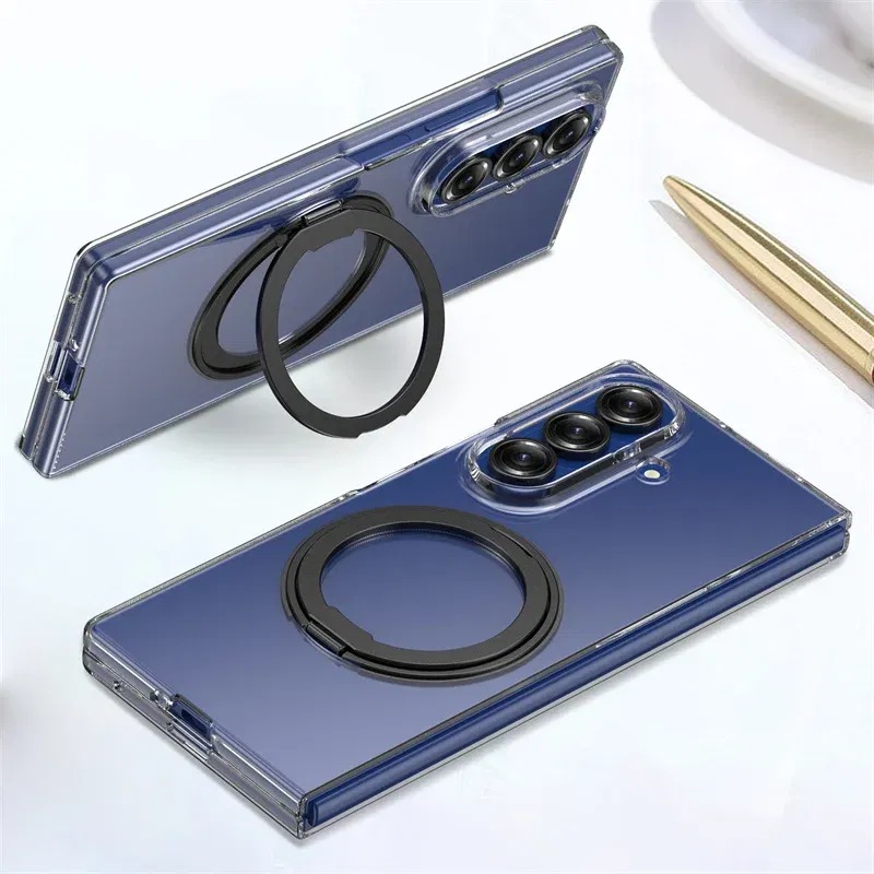 Color: Blue, Compatibility by Model: Galaxy Z Fold7 - 360?° Rotating Magnetic Holder Phone Case For Samsung Galaxy Z Fold 7 Magsafe Wireless Charging Transparent Hard Shockproof Cover