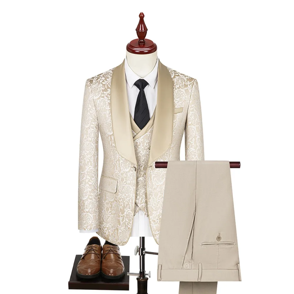 Color: Beige, Size: S - New fashion jacquard beige suit slim single breasted elegant formal best man suit