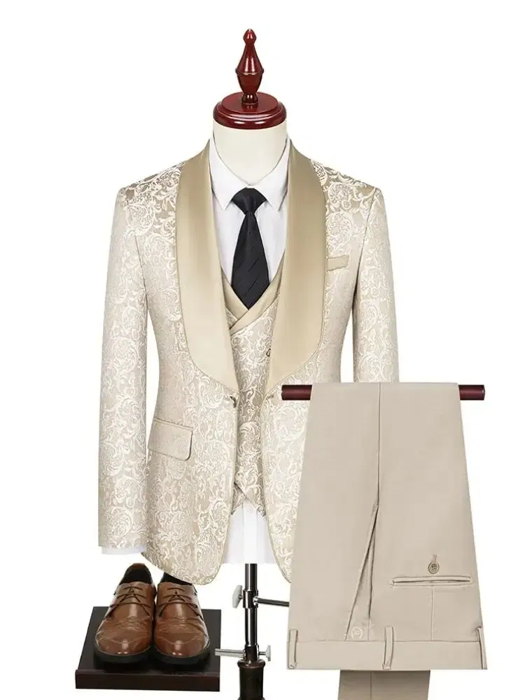 Color: Beige, Size: S - New fashion jacquard beige suit slim single breasted elegant formal best man suit