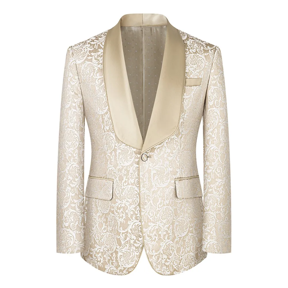 Color: Beige, Size: S - New fashion jacquard beige suit slim single breasted elegant formal best man suit