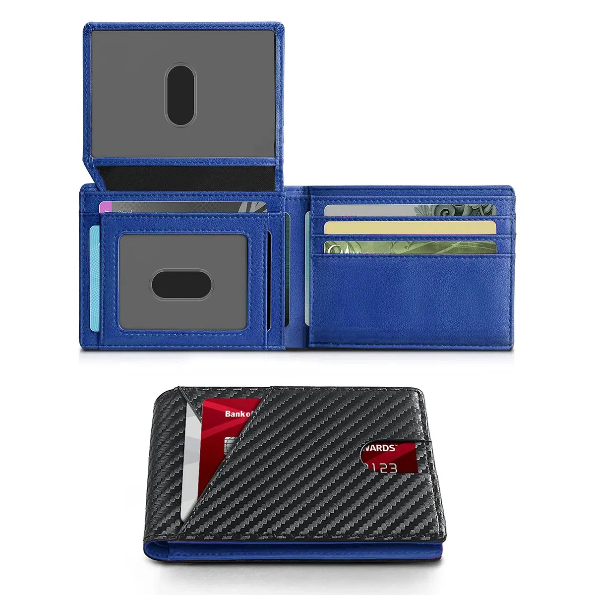 Color: Blue - RFID Carbon Fiber Ultra-thin Trifold Wallet Simple Front Pocket Design Wallet Multi-function Portable 8 Card Slots Men's Wallet