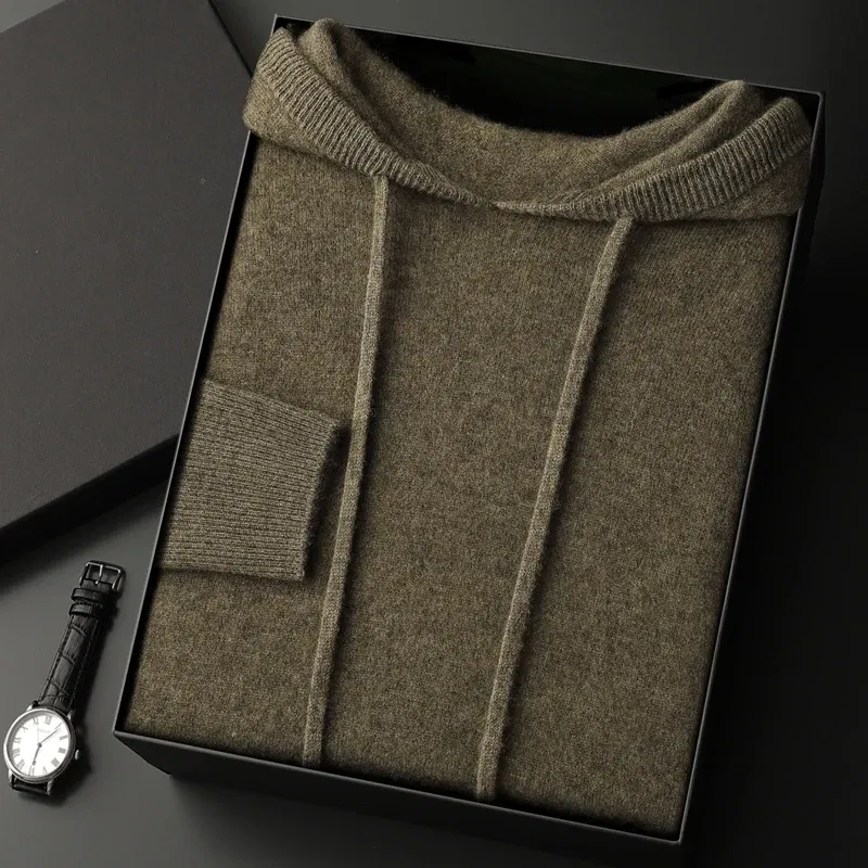 Color: green, Size: M - MEETCC Luxury Men Cashmere Hooded Pullover Thick Warm Hoodie Sweater Autumn Winter 100% Cashmere Knitwear Quality Jumpers Tops
