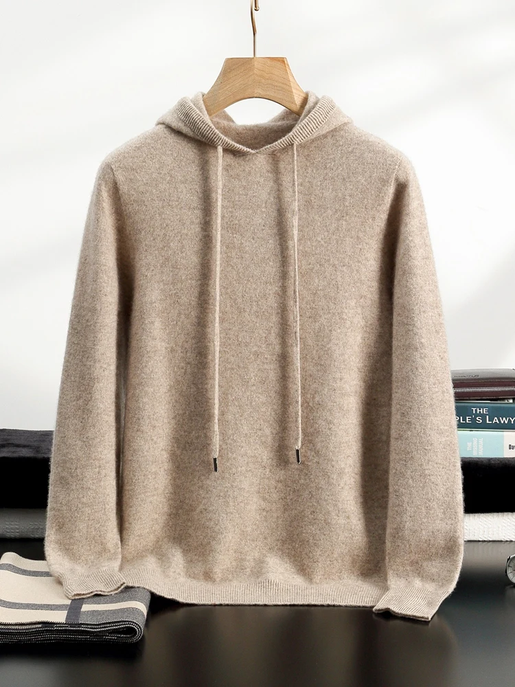 Color: green, Size: M - MEETCC Luxury Men Cashmere Hooded Pullover Thick Warm Hoodie Sweater Autumn Winter 100% Cashmere Knitwear Quality Jumpers Tops