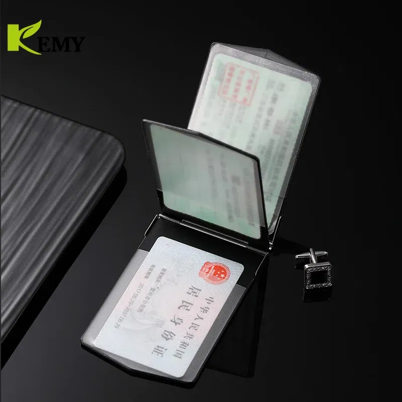 Color: Coffee - Fashion Aluminum Antimagnetic Card Holder Women Men Metal Cowhide Rfid Credit Card Business Card Holders Organizer Purse Wallet