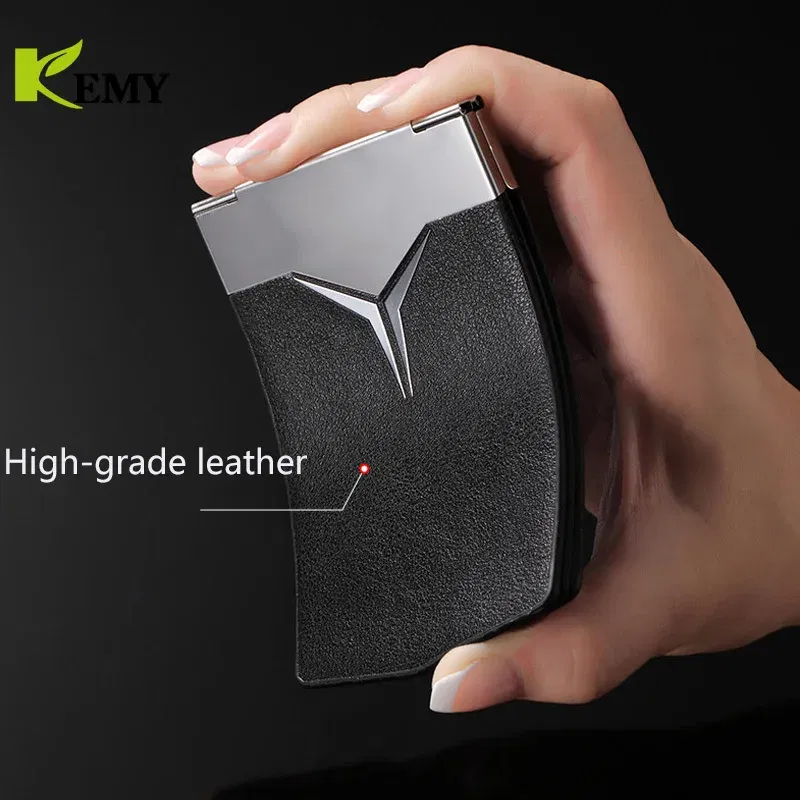 Color: Coffee - Fashion Aluminum Antimagnetic Card Holder Women Men Metal Cowhide Rfid Credit Card Business Card Holders Organizer Purse Wallet