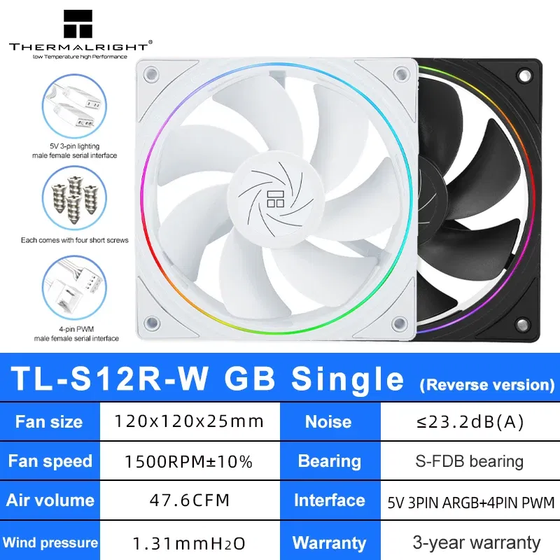 Color: Black, Blade Color: Other, RGB Support: A-RGB - Thermalright TL-S12R-W Case Fan 120mm HALO Reverse CPU Cooling Fan CPU Air Cooler TL-S12 5V 3PIN ARGB Aperture Chassis Fan