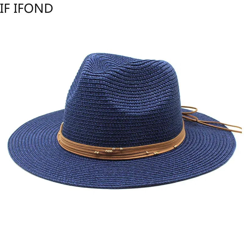 Color: MULTI, Size: M - Big Size 60CM New Straw Hat 7cm Brim Summer Cooling Beach Sun Hat Outdoor Party Panama Jazz Hat Sombreros De Mujer