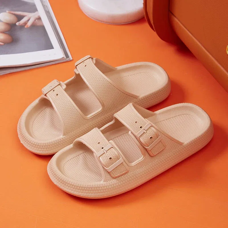 Color: Khaki, Shoe Size: 44-45 - Fashion Buckle Thick Platform Slippers Women Home Soft Sole eva Cloud Slides Sandals Woman 2025 Summer Non Slip Beach Flip Flops