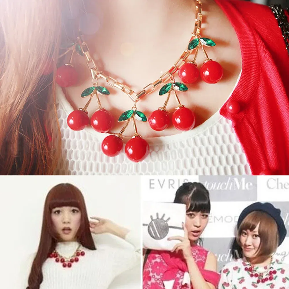 Metal Color: SILVER PLATED - Statement 10 Big Red Cherry Pendant Chain Crystal Choker Sweet Collar Bib Necklace Fashion Personality Party Jewelry Gifts