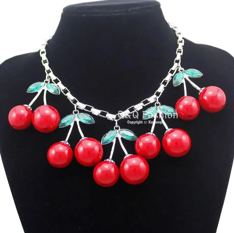 Metal Color: SILVER PLATED - Statement 10 Big Red Cherry Pendant Chain Crystal Choker Sweet Collar Bib Necklace Fashion Personality Party Jewelry Gifts