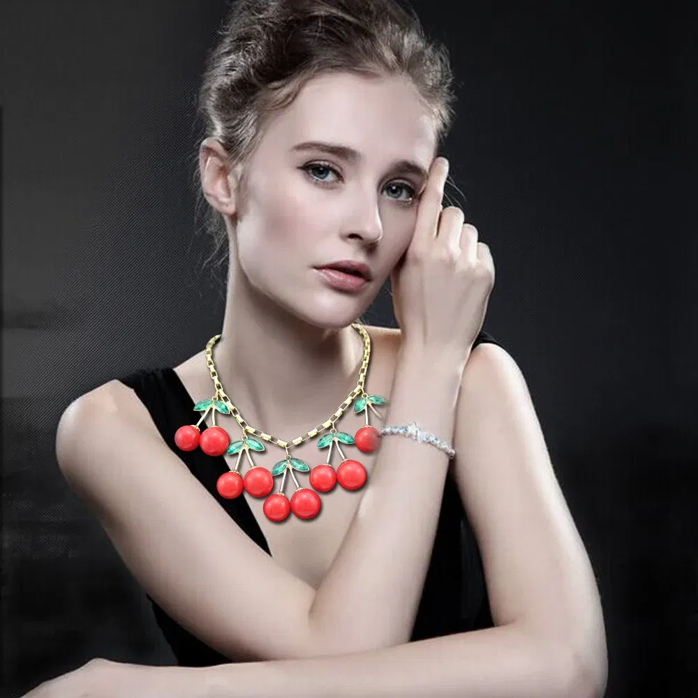 Metal Color: SILVER PLATED - Statement 10 Big Red Cherry Pendant Chain Crystal Choker Sweet Collar Bib Necklace Fashion Personality Party Jewelry Gifts