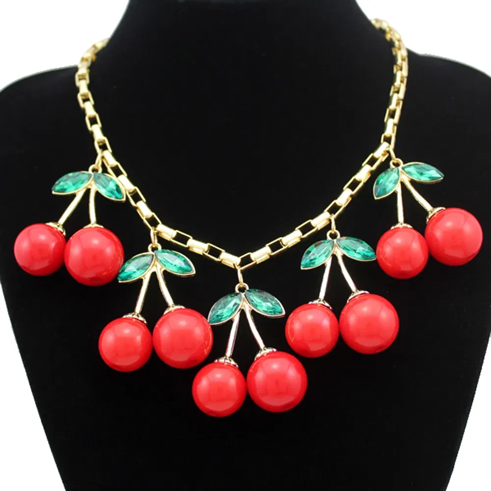 Metal Color: SILVER PLATED - Statement 10 Big Red Cherry Pendant Chain Crystal Choker Sweet Collar Bib Necklace Fashion Personality Party Jewelry Gifts