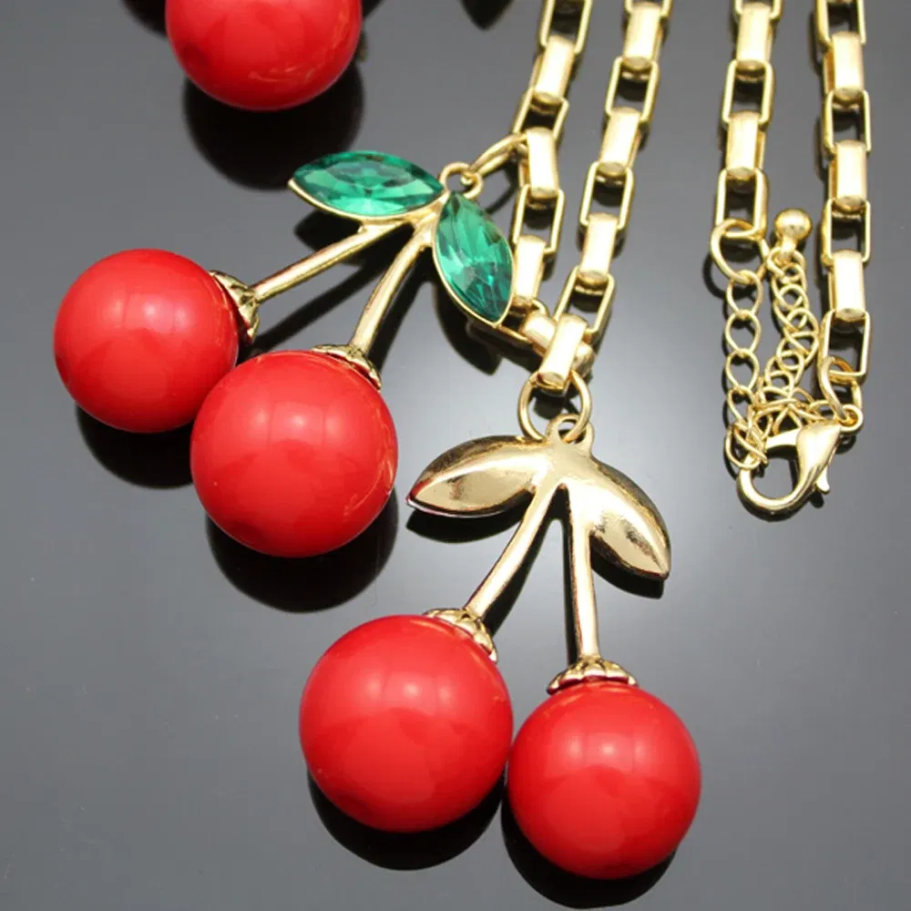 Metal Color: SILVER PLATED - Statement 10 Big Red Cherry Pendant Chain Crystal Choker Sweet Collar Bib Necklace Fashion Personality Party Jewelry Gifts
