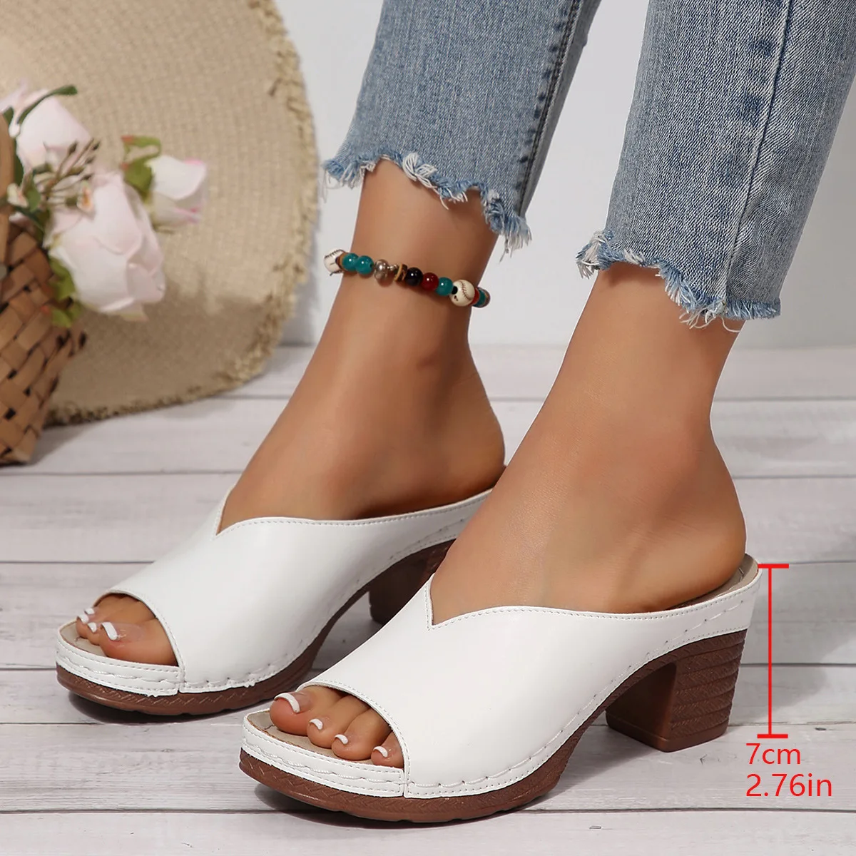 Color: Beige, Shoe Size: 38 - Women's Open-Toe High-Heel Slippers Summer New Fashion Outdoor Wear Slip-On Shoes 36-43 Sizes Polyurethane Upper Cushioning