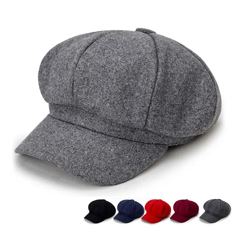 Color: Pink - Woolen solid color beret fashion outdoor cotton hat autumn and winter windproof hats men's and women's universal caps