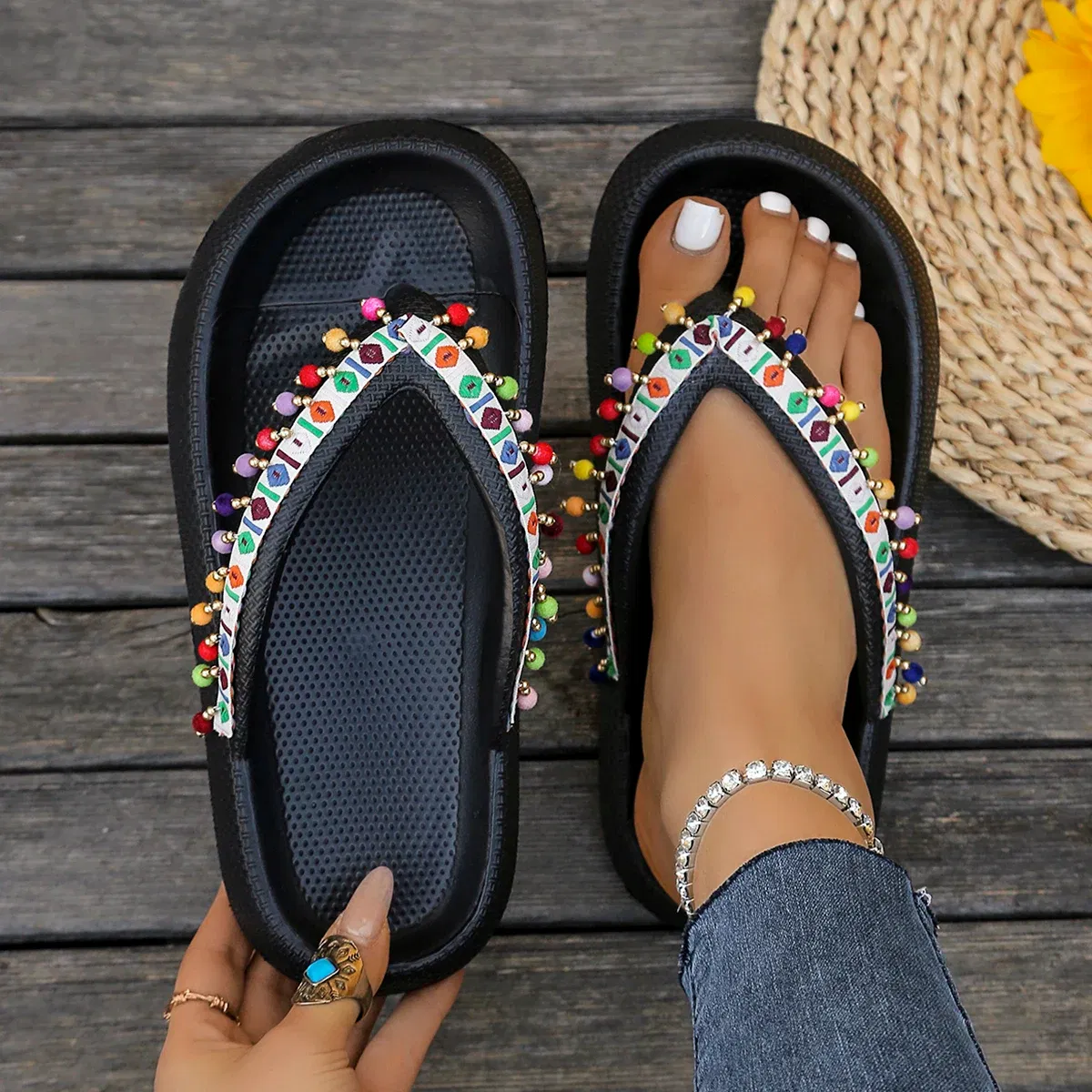 Color: Lake Blue, Shoe Size: 38-39 - Summer Multi Color Women's Flip Flops Fashionable Metallic Teddy Bear Bow Slide Sandal Beach Vacation Home Versatile Footwear