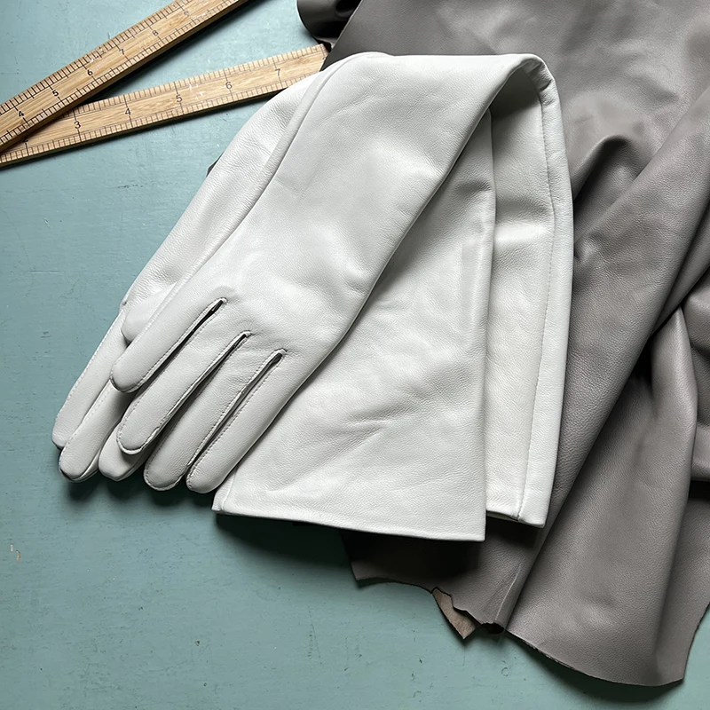 Color: green, Gloves Size: 7 - 50cm New Genuine Leather White Women's High Grade Party Mittens Sheepskin Lady Winter Velvet long Gloves Creamy Ivory Snow White