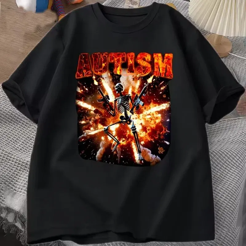 Color: Silver, Size: XL - Autistic Funny Skeleton T Shirt Women Men Autism Edgy Skeleton Meme T-shirt Casual Short Sleeve Tshirt Round Neck Clothes
