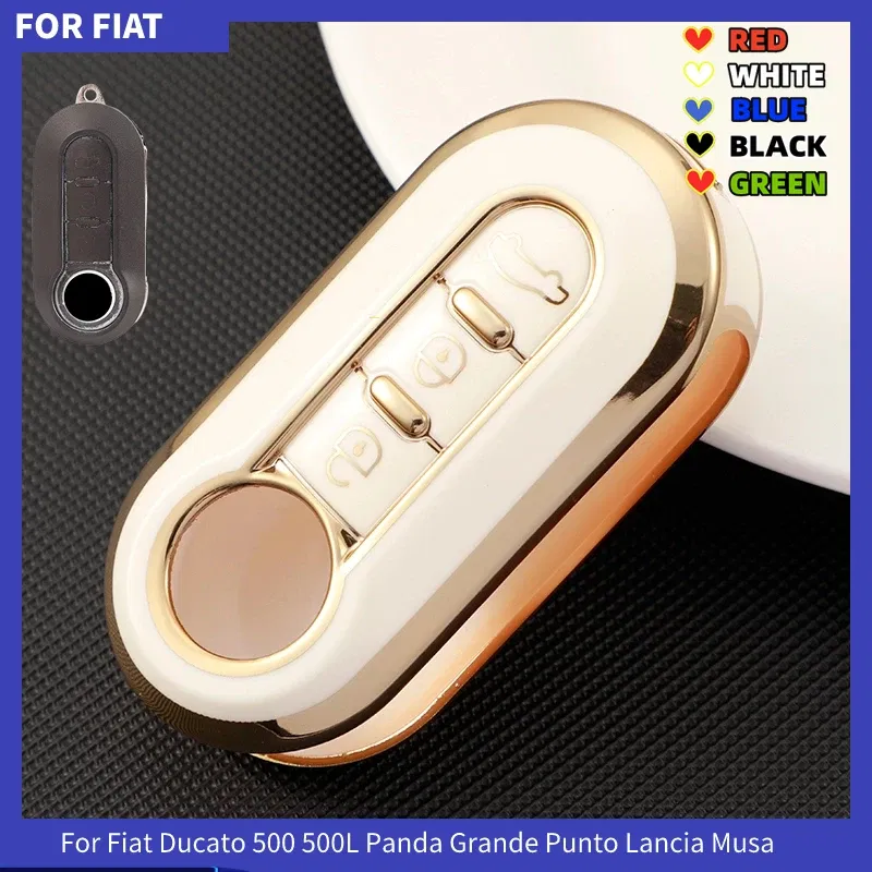 Color Name: WHITE - 3Buttons TPU Car Flip Key Case Cover For Fiat Ducato 500 500L Panda Grande Punto Lancia Musa Auto Shell Fob Accessories