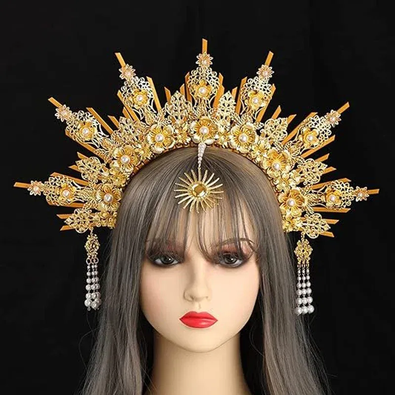 Color: Red - MATERIAL  PACKAGE Sunburst Goddess Gold Spike Mary Halo Crown Headpiece NYLON ZIP TIE Wedding Bride Hair Band Tiar