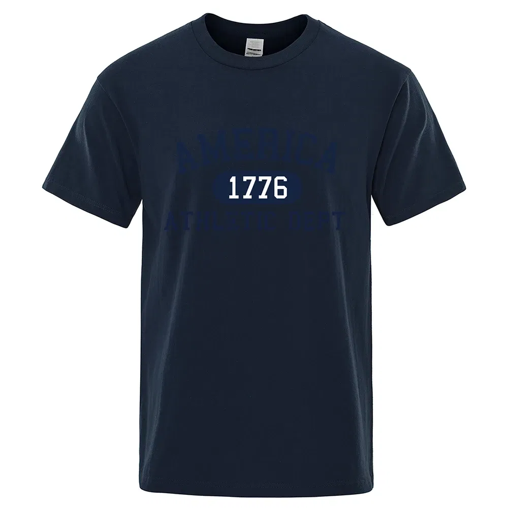 Color: SKY BLUE, Size: XXL - America 1776 Athletic Dept Letter Tshirt Man Fashion Tee Clothes Summer Luxury T-Shirt Hip Hop Breathable Cotton Tee Clothes