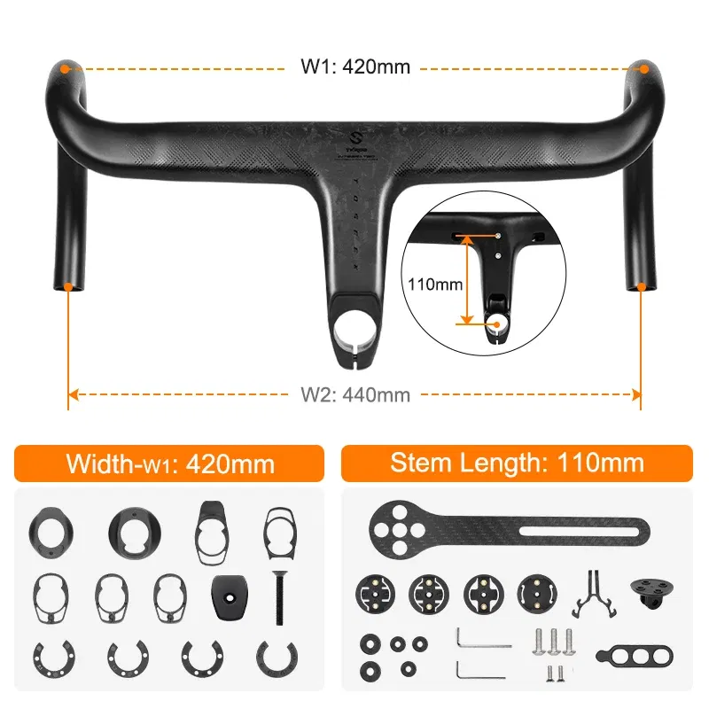 Color: Orange - TOSEEK Carbon Handlebar Road Carbon handlebar Drop bar T800 Carbon Integrated Handlebar Di2 Bicycle Accessories Carbon Drop bar