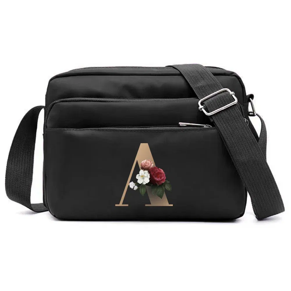 Color: black - New Fashion Multi-layer Travel Leisure Simple Storage Bag Black Gold Letter Series Printing Pattern One Shoulder Crossbody Bag
