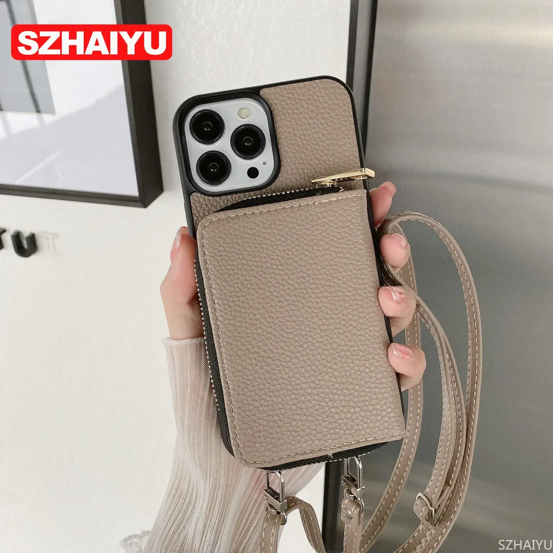 Material: POLYESTER, Color: Brown - Zipper Wallet Phone Case For iPhone 16 15 14 13 12 Mini 11 Pro XS Max X Plus Card Slot Holder Crossbody Lanyard Leather Cover