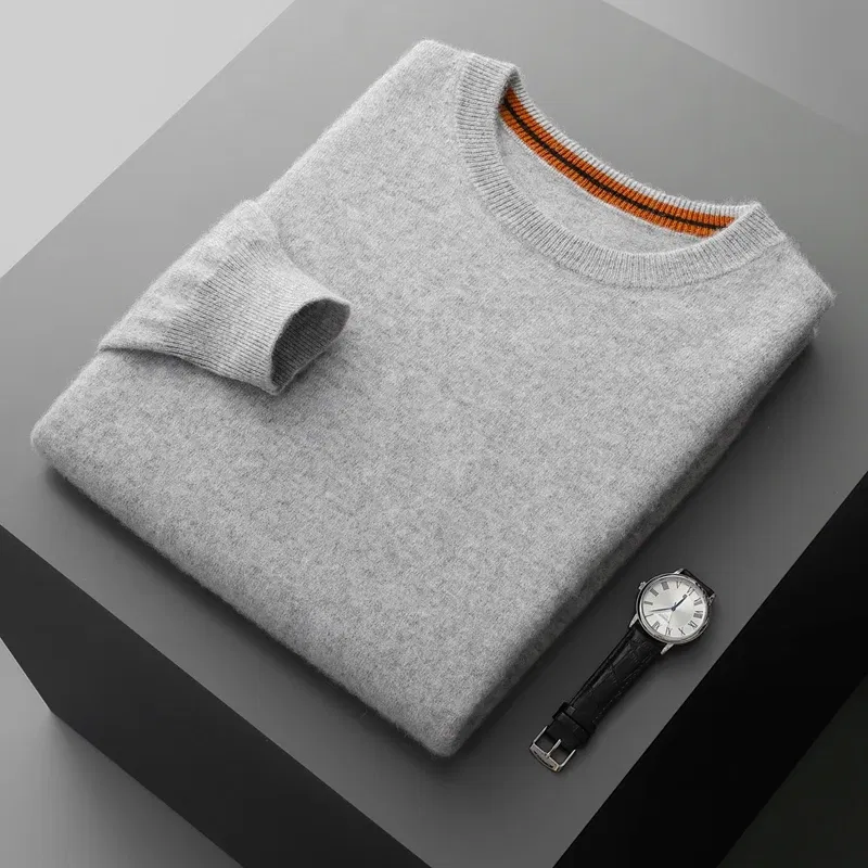 Color: SKY BLUE, Size: M, Ships From: CHINA - Autumn Winter Men's O-Neck Pullover Sweater 100% Cashmere Simple Basic Knitwear Cashmere Solid Color Clothing Casual Warm Tops