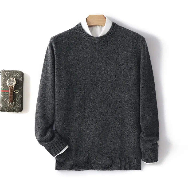 Color: Dark Grey, Size: L, Ships From: CHINA - Men's 100% Pure Wool Cashmere Sweater O-Neck Pullover Knit Sweater Autumn and Winter New Long Sleeve High-End Jumpers Thick Tops