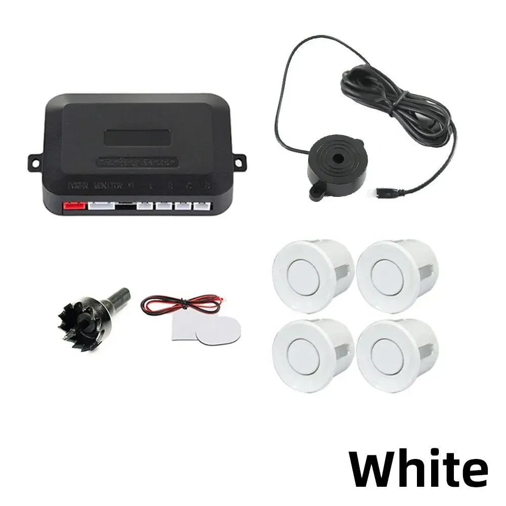 Color Name: WHITE - HIPPBQCC Car Parking Sensor Kit 4 Sensors Buzzer 22mm Reverse Backup Radar Sound Alert Indicator Probe System 12V Free Shipping