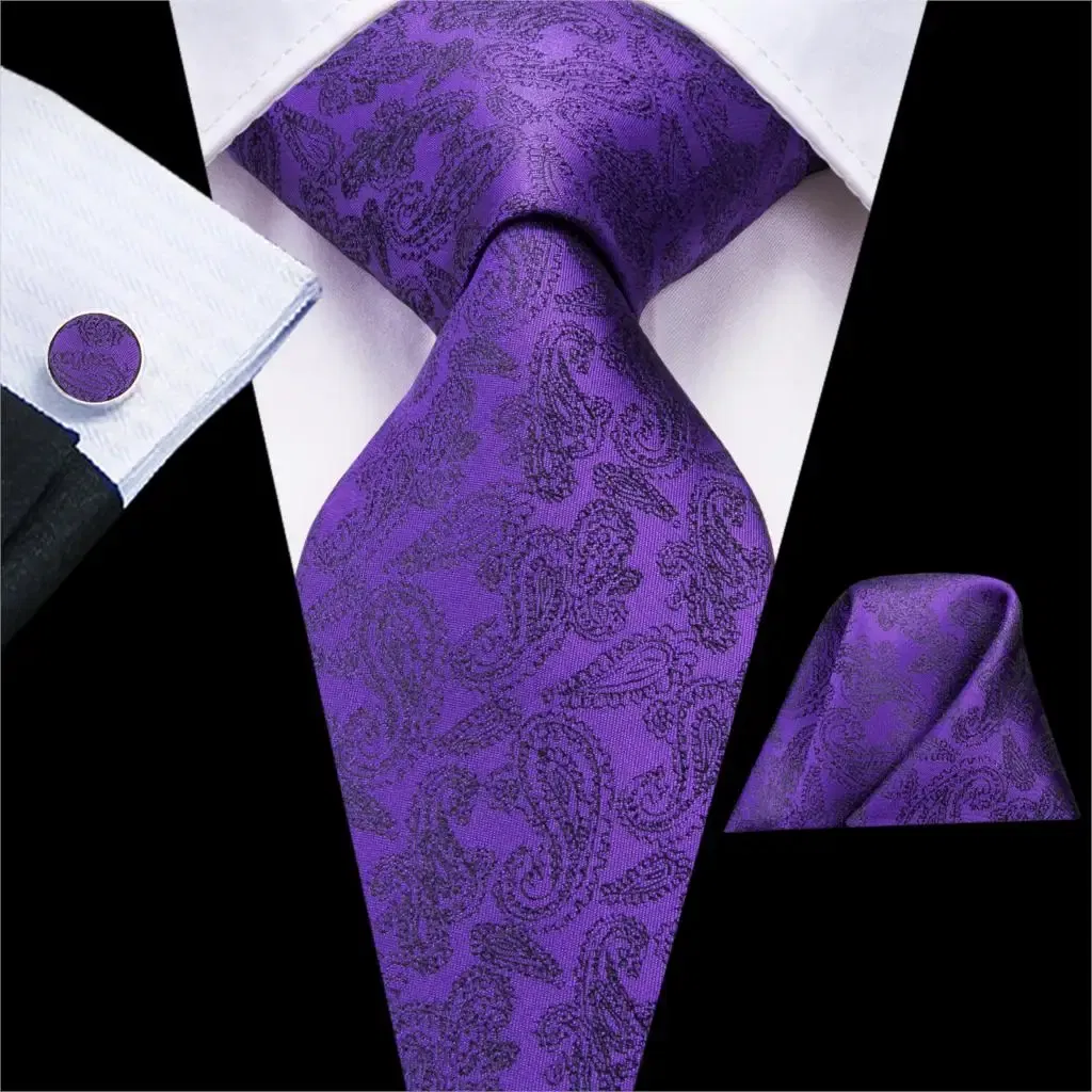 Color: Lavender - Hi-Tie Purple Paisley Silk Elegent Tie for Men Novelty Design Handky cufflink Tie Set Party Business Wedding Dropshipping