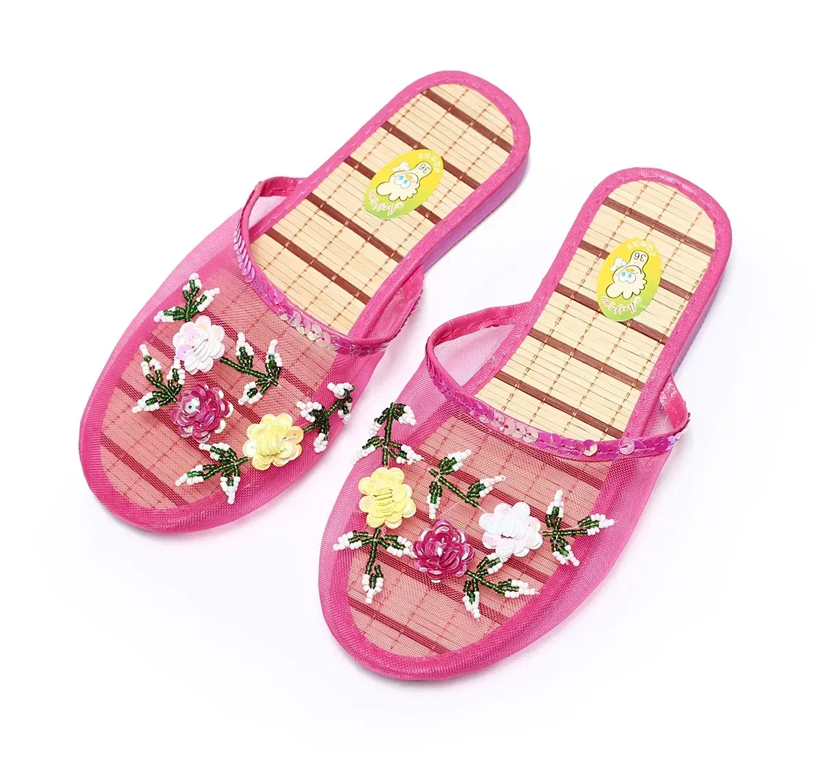 Women Indoor Slippers Sequin Flat Shoes Cool Lady Summer Hollow Mesh Beach Flip Flops Casual Baotou Creative Flower Mesh