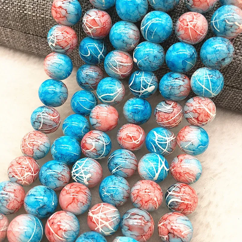 Color: Burgundy, Item Diameter: 7mm - Wholesale 4/6/8/10mm Glass Beads Round Loose Spacer Beads Pattern For Jewelry Making DIY Bracelet Necklace