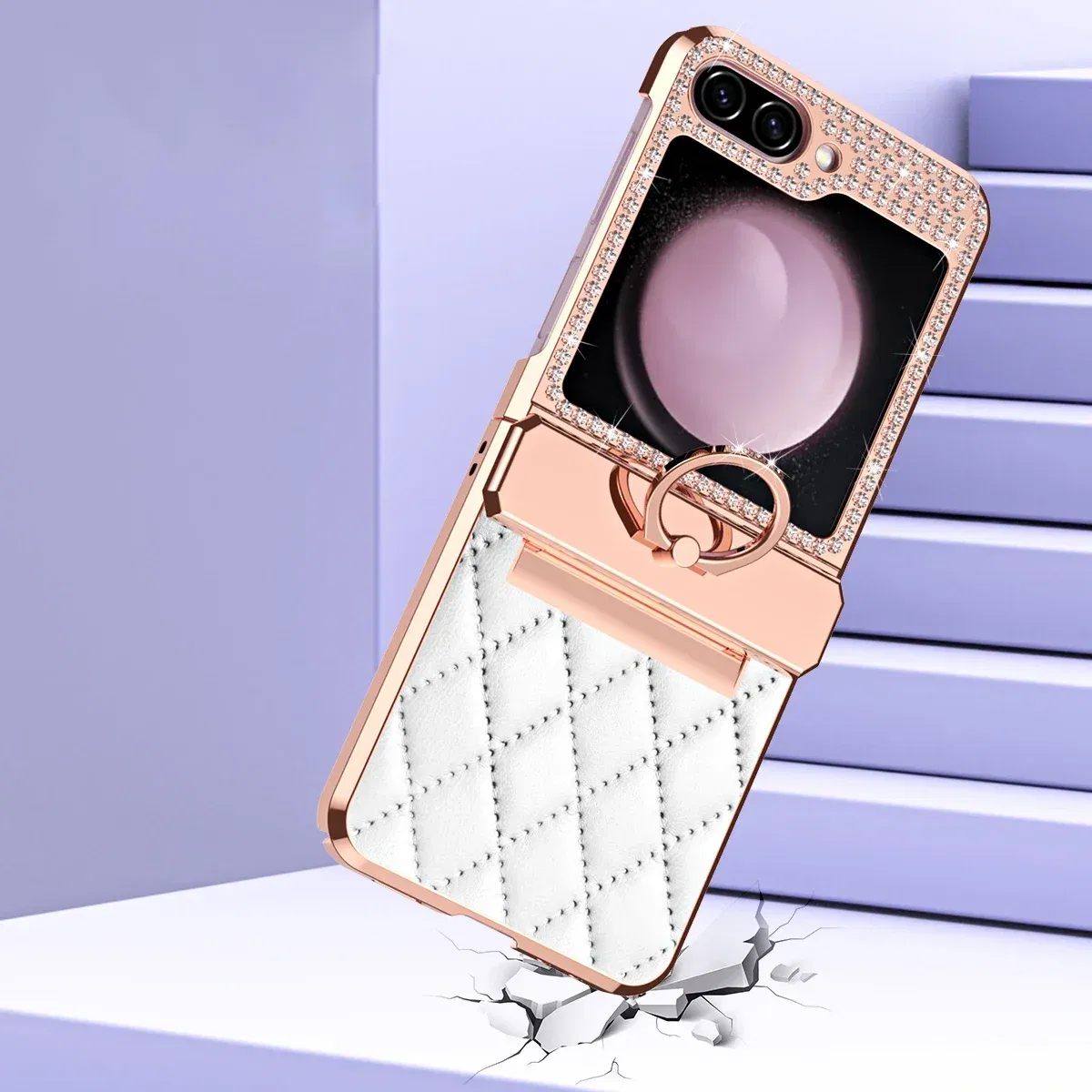 Color: Beige, Material: Aluminum - Diamonds Leather Plating Ring Holder Case For Samsung Galaxy Z Flip 5 4 3 5G Shockproof Hinge Protection Cover For Z Flip5