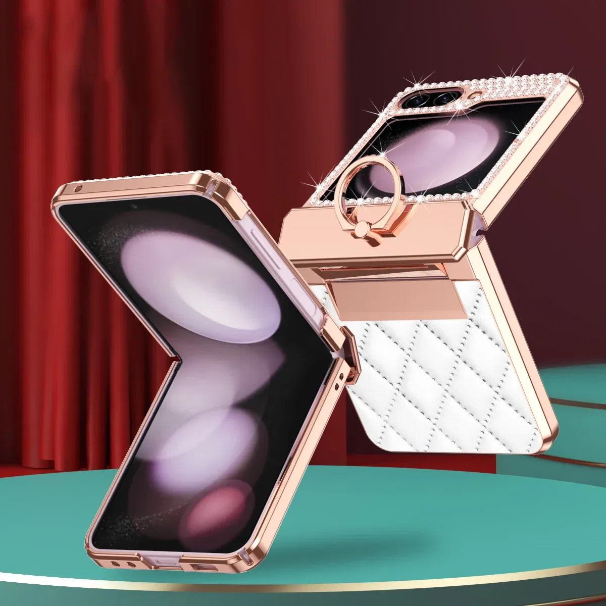 Color: Beige, Material: Aluminum - Diamonds Leather Plating Ring Holder Case For Samsung Galaxy Z Flip 5 4 3 5G Shockproof Hinge Protection Cover For Z Flip5