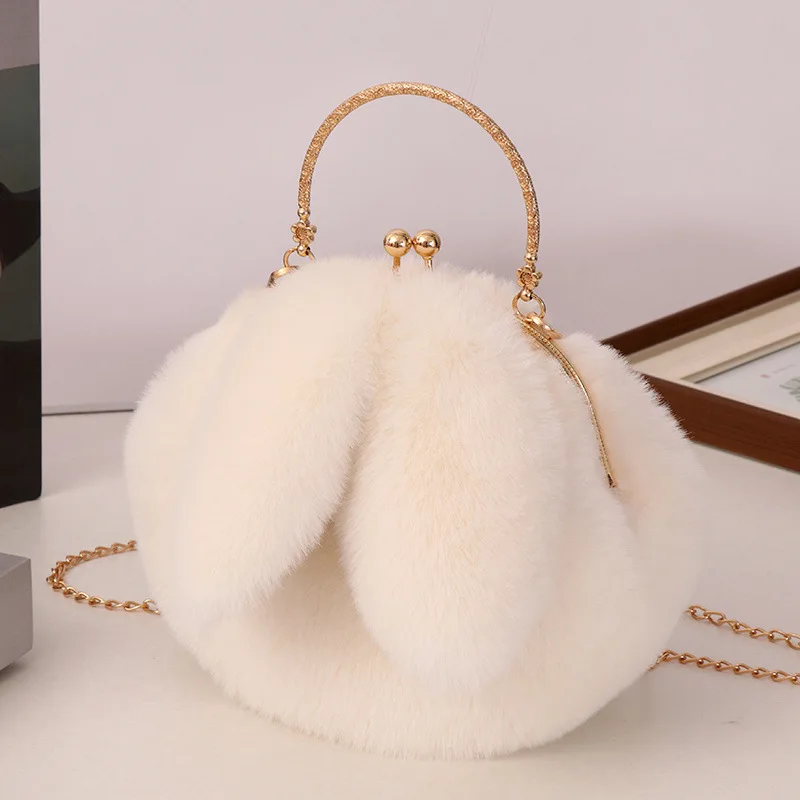 Color: Ivory - Adorable Rabbit Ears Fluffy Crossbody Bag Women Stylish Chain Shoulder Handbag New