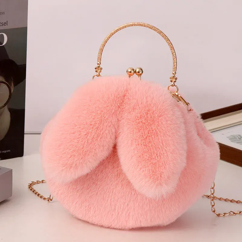 Color: Ivory - Adorable Rabbit Ears Fluffy Crossbody Bag Women Stylish Chain Shoulder Handbag New