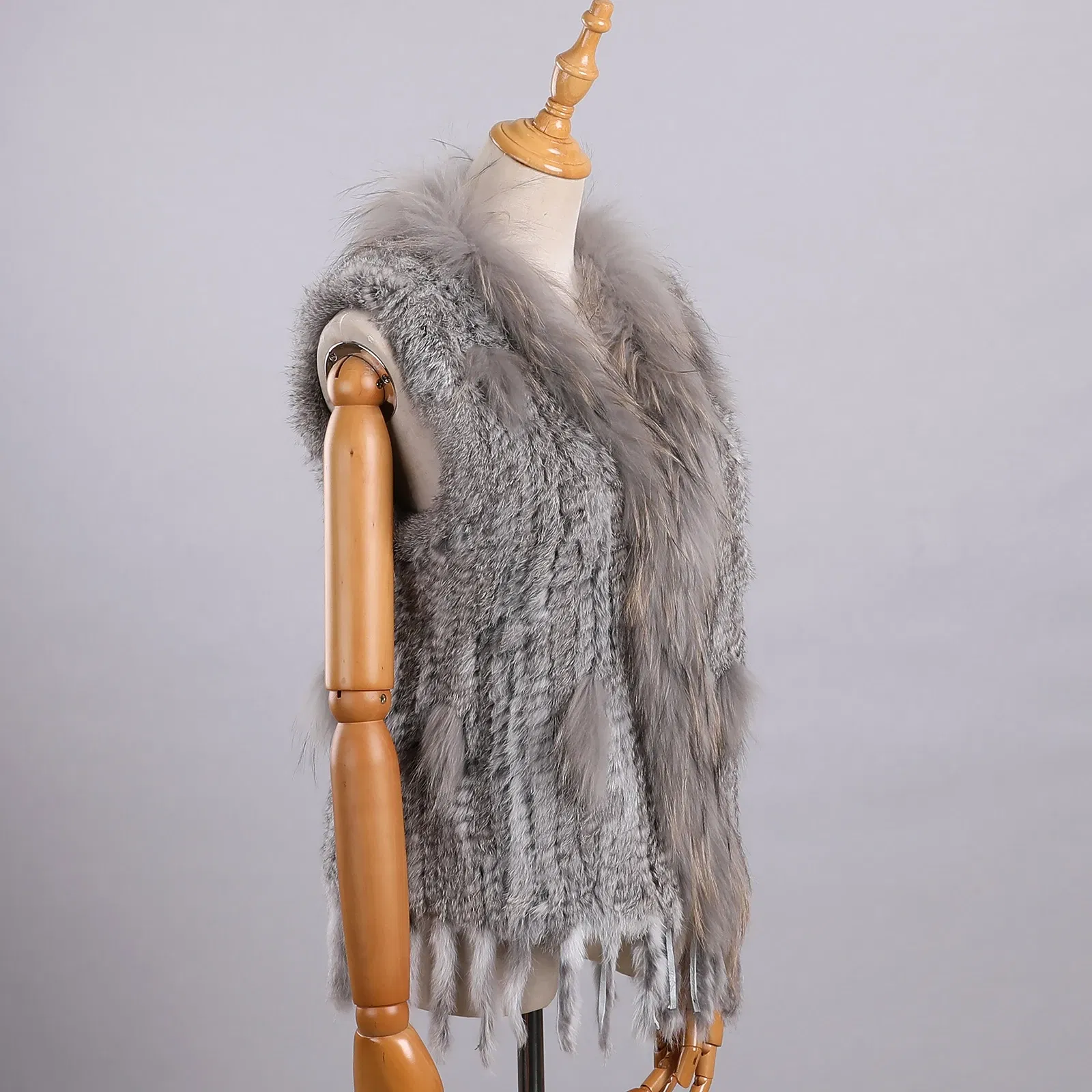 Color: WHITE, Size: XL - Luxury Women's Genuine Premium Long Hair Rabbit Fur Knit Vest Raccoon Fur Trim Gilet Lady Sleeveless Waistcoat Real Fur Jacket