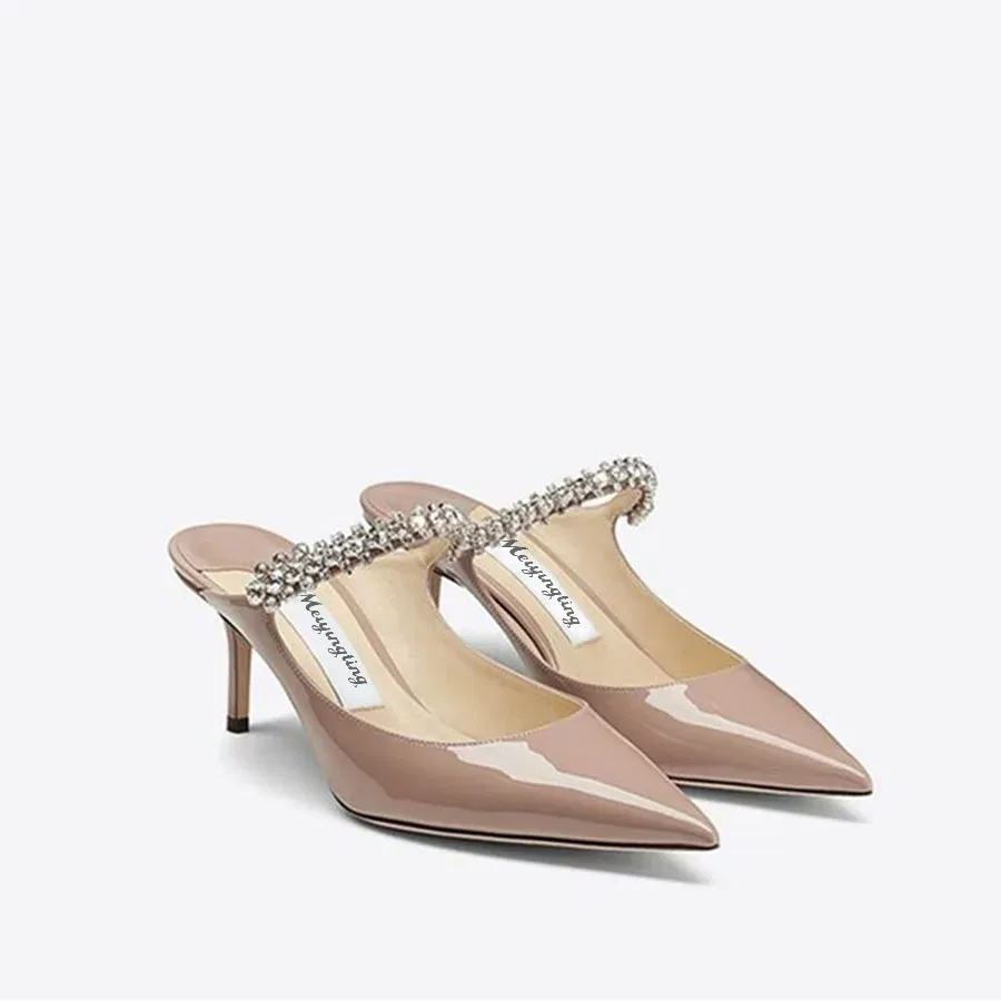 Color: Khaki, Shoe Size: 37, Ships From: CHINA - Elegant Leather Mules Pointed Toe Stylish Rhinestone Embellished High Heel Sandals Sophisticated Party Evening Shoes Footwear