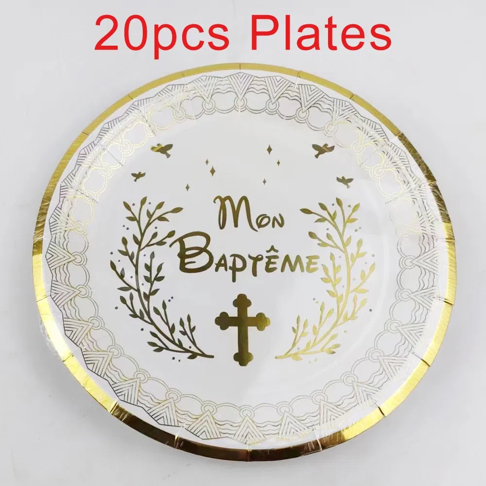 Color: Fluorescence Yellow - 20 Pieces French Mon Baptême 7inch Paper Plate and 250ml Paper Cup