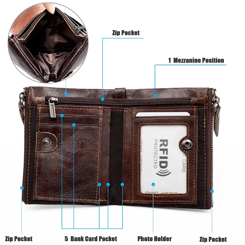 Color: black - Genuine Leather Short Men RFID Wallets Name Engraving Leather Card Holder Brand Men Purse Retro Coin Pocket Zipper Male Wallet