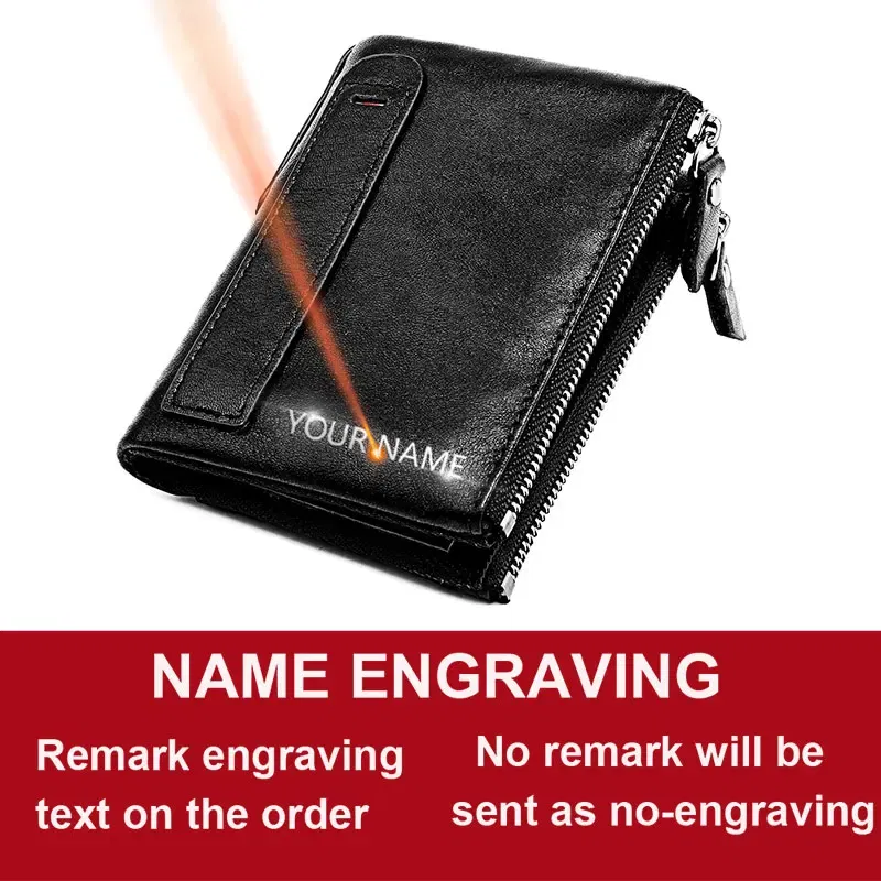 Color: black - Genuine Leather Short Men RFID Wallets Name Engraving Leather Card Holder Brand Men Purse Retro Coin Pocket Zipper Male Wallet