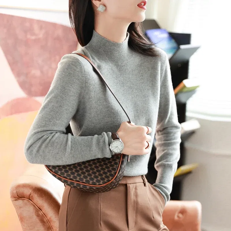 Color: GRAY, Size: One Size - Autumn Winter chic Bottom Sweaters Women Fashion Turtleneck Pullover Slim Long Sleeve Knitted Jumpers Soft Warm Pull Femme Top