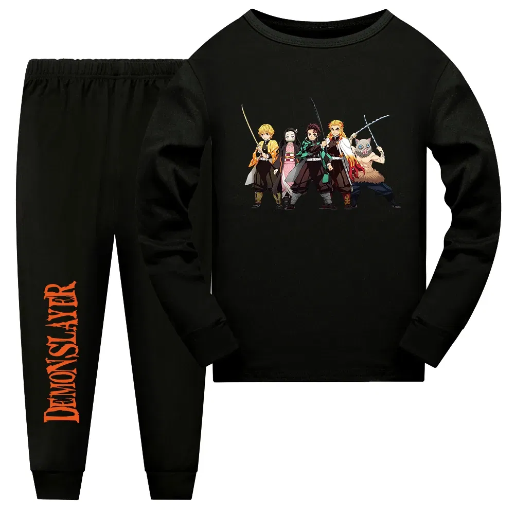 Color: army green, Kid Size: 15 - Demon Slayer Sleepwear Kamado Tanjirou Kamado Nezuko Agatsuma Zenitsu Children's Homewear Suit Long-sleeve Two-piece Pajamas Set