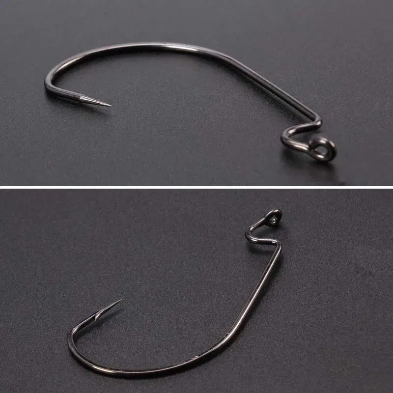 Color: Light green - 100 pcs Wide Gap Worm Fishing Hooks Jig Crank Big Bass Hook Black High Carbon Steel Crank Barbed Hook for Soft Fishing Lure